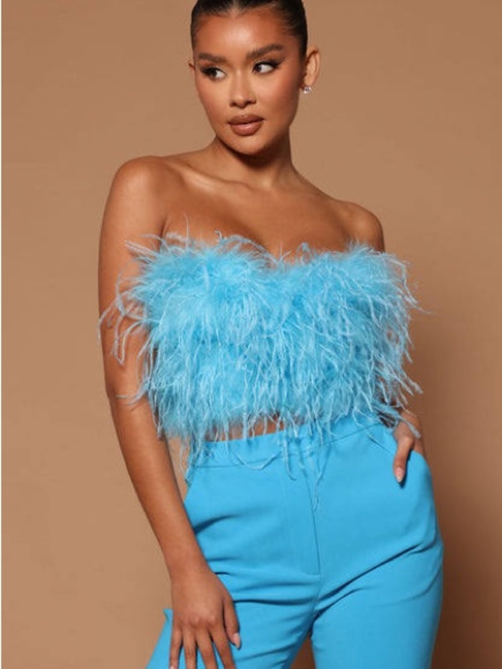 REVOLVE Feathered Strapless Crop Top in Bright Blue